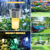 Waterproof solar stake lights lighting up an outdoor space during the evening